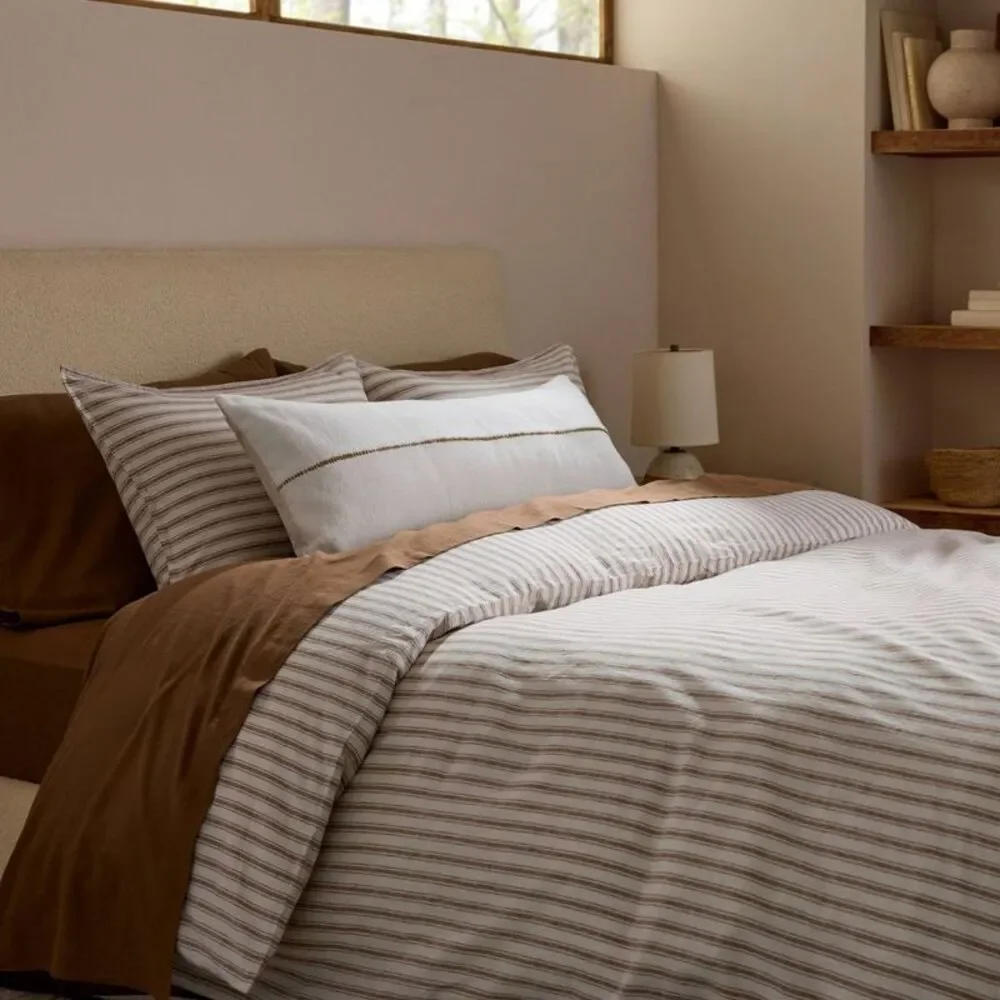 Full/Queen Relaxed Linen Stripe Duvet Cover & Sham Set Pecan & Parchment -